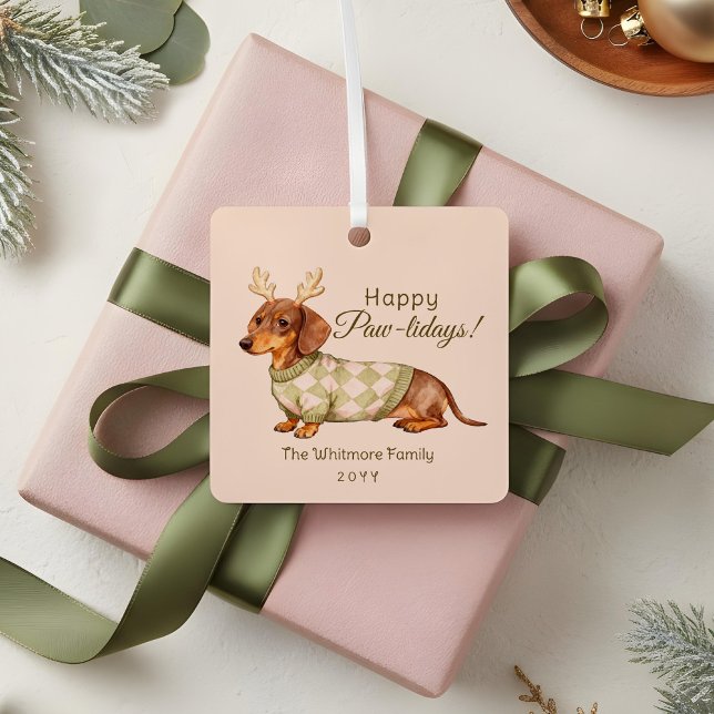 Dachshund Dog Christmas Chequered Sweater Photo Metal Tree Decoration (Dachshund Dog Christmas Checkered Sweater Photo Metal Ornament)