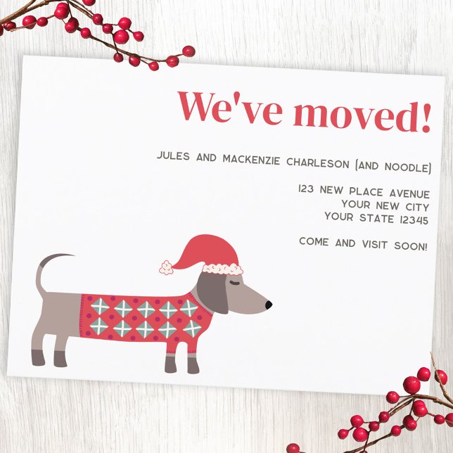 Dachshund Dog Christmas Moving Announcement Postcard (Fun Dachshund Wiener Sausage dog Christmas change of address moving announcement postcard)