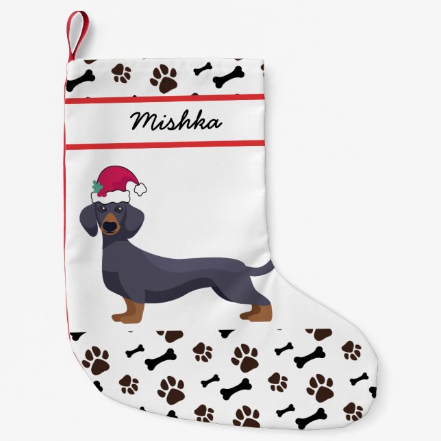 Dachshund Dog Christmas With Custom Dog Name Small Christmas Stocking (Front)