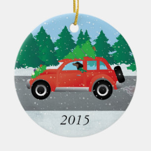 Dachshund Dog Driving Car - Christmas Tree on Top Ceramic Tree Decoration