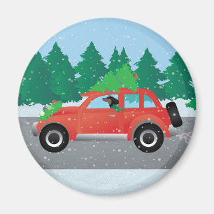 Dachshund Dog Driving Car - Christmas Tree on Top Magnet