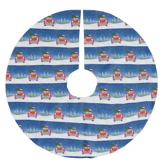 Dachshund Dog Driving Car In Snow Christmas  Brushed Polyester Tree Skirt (Front)