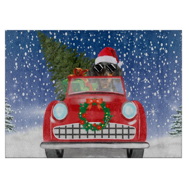 Dachshund Dog Driving Car In Snow Christmas  Cutting Board (Front)