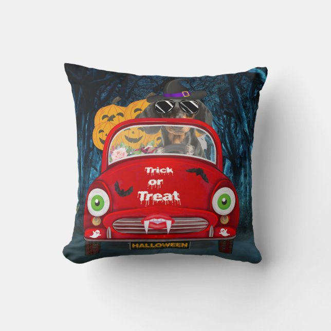 Dachshund Dog Driving Car Scary Halloween  Cushion (Front)