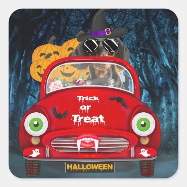 Dachshund Dog Driving Car Scary Halloween  Square Sticker (Front)