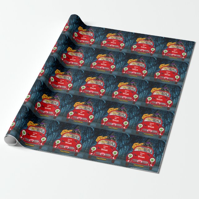 Dachshund Dog Driving Car Scary Halloween  Wrapping Paper (Unrolled)