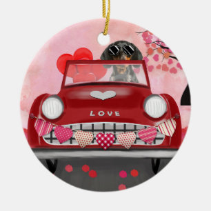 Dachshund Dog Driving Car with Hearts Valentine's Ceramic Ornament