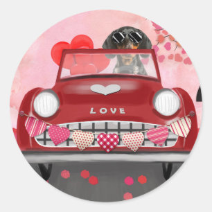 Dachshund Dog Driving Car with Hearts Valentine's  Classic Round Sticker