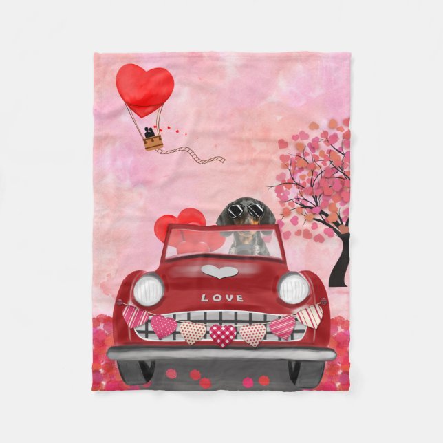 Dachshund Dog Driving Car with Hearts Valentine's Fleece Blanket (Front)