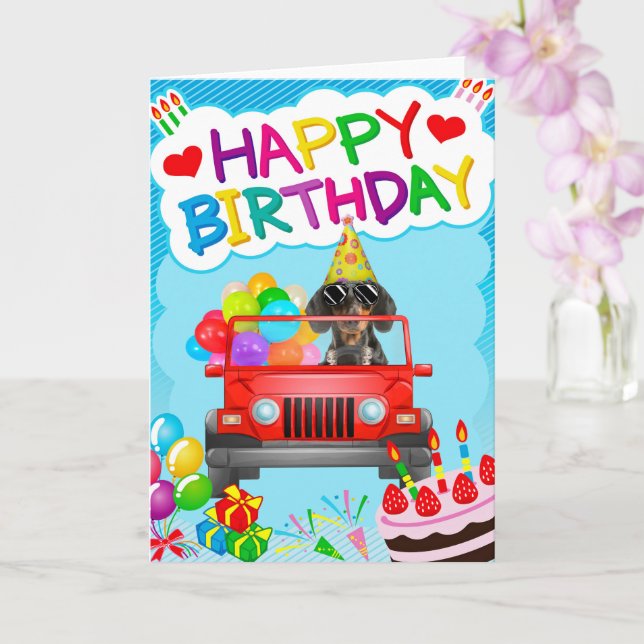 Dachshund Dog Driving with Balloons Birthday Card (Orchid)