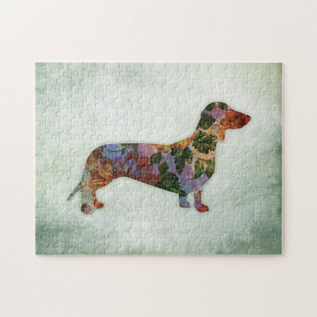 Dachshund Dog Floral On Green Jigsaw Puzzle (Horizontal)