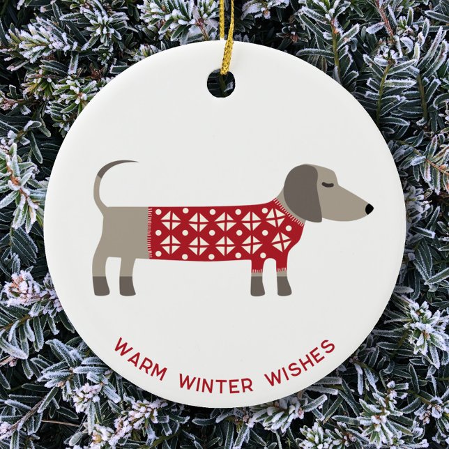 Dachshund Dog Fun  Ceramic Ornament (Ceramic ornament featuring festive Dachshund Sausage Wiener Dog in red and white knitwear)