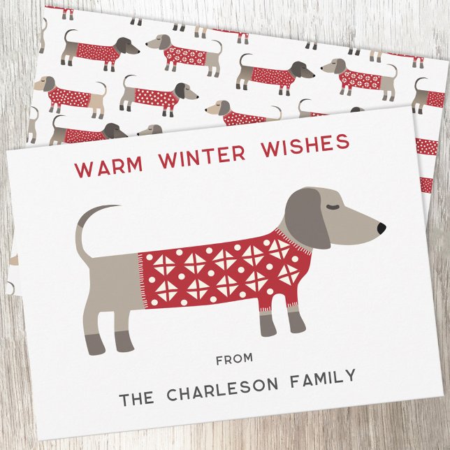 Dachshund Dog Fun  Holiday Card (Dachshund Sausage or Wiener Dog in red and white cosy knitwear for a fun Christmas holiday card)