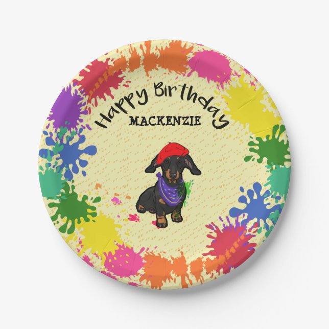 Dachshund Dog Fun Paint Art Birthday Party     Paper Plate (Front)