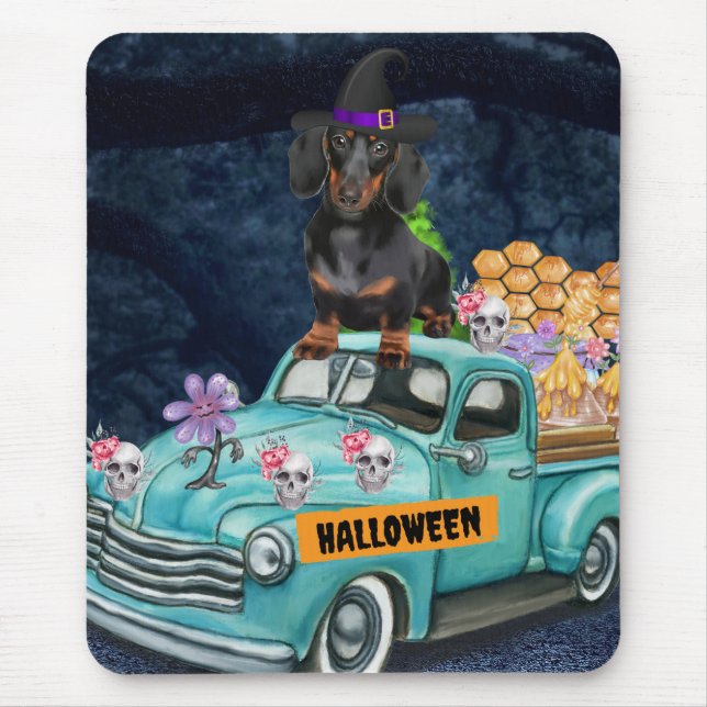 Dachshund Dog Halloween Truck Scary Night  Mouse Pad (Front)