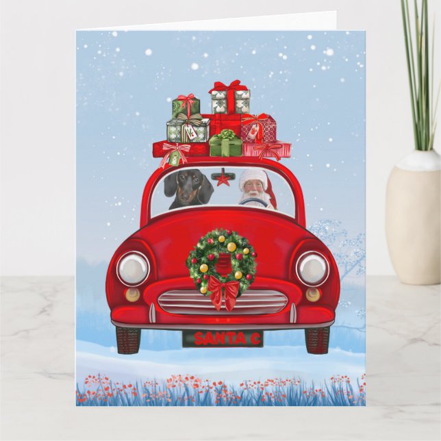 Dachshund Dog In Car With Santa Claus  Card (Front)