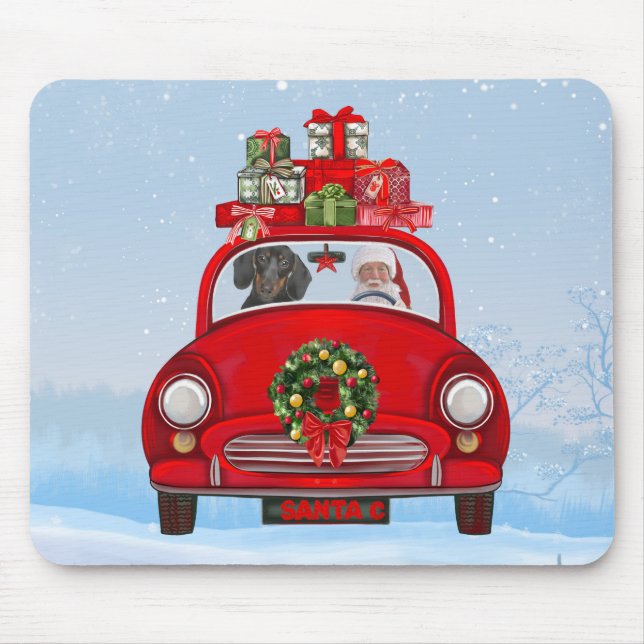 Dachshund Dog In Car With Santa Claus  Mouse Pad (Front)