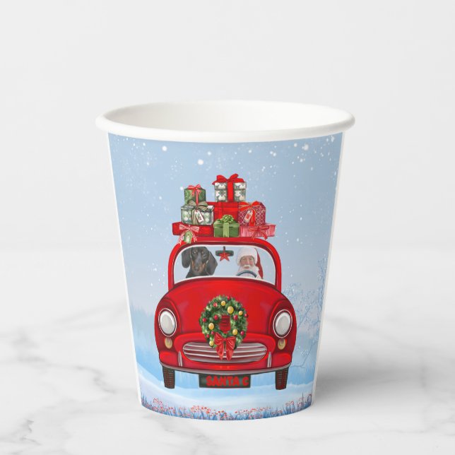 Dachshund Dog In Car With Santa Claus  Paper Cups (Front)