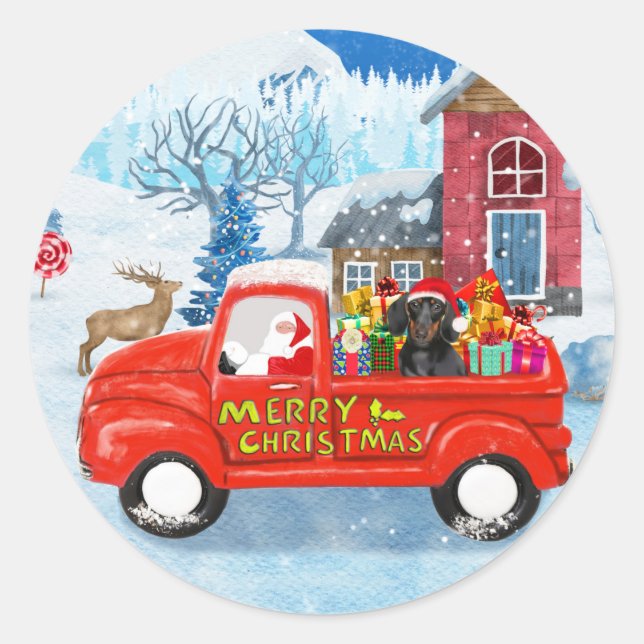 Dachshund Dog in Christmas Delivery Truck Snow  Classic Round Sticker (Front)