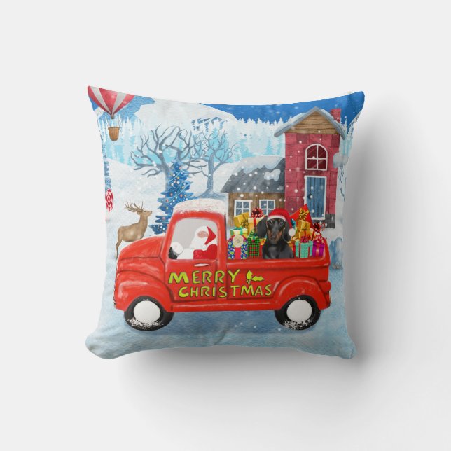 Dachshund Dog in Christmas Delivery Truck Snow Cushion (Front)
