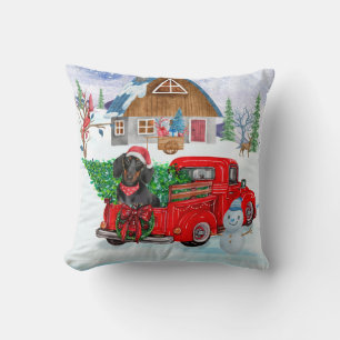 Dachshund Dog In Christmas Delivery Truck Snow Cushion