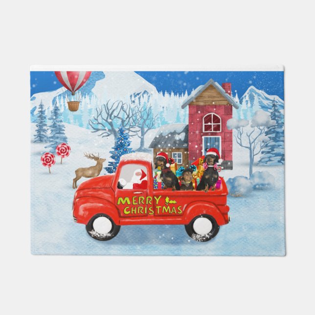 Dachshund Dog in Christmas Delivery Truck Snow Doormat (Front)
