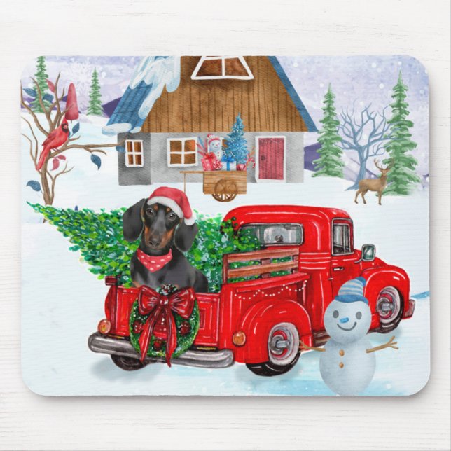 Dachshund Dog In Christmas Delivery Truck Snow Mouse Pad (Front)