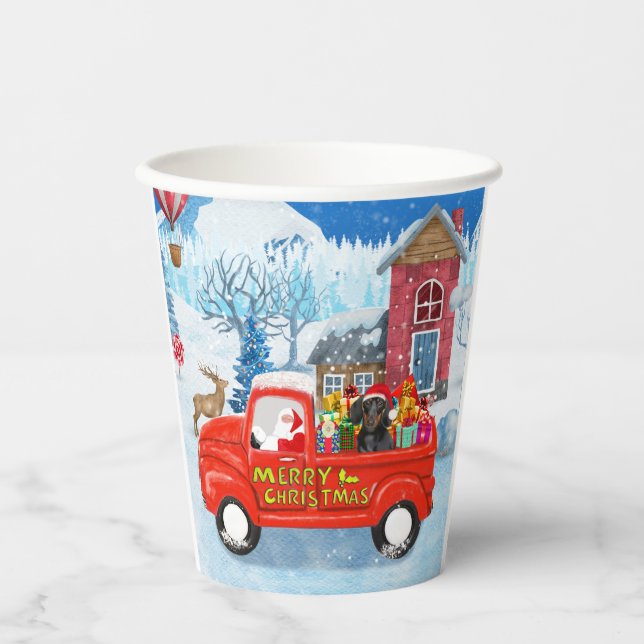 Dachshund Dog in Christmas Delivery Truck Snow Paper Cups (Front)