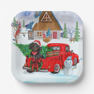 Dachshund Dog In Christmas Delivery Truck Snow Paper Plate