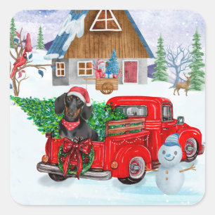 Dachshund Dog In Christmas Delivery Truck Snow Square Sticker