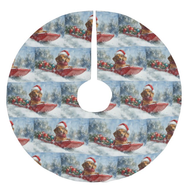 Dachshund Dog in Sledge Let it Snow Christmas Brushed Polyester Tree Skirt (Front)