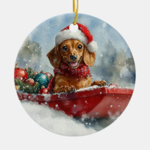 Dachshund Dog in Sledge Let it Snow Christmas Ceramic Ornament