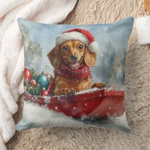 Dachshund Dog in Sledge Let it Snow Christmas Cushion