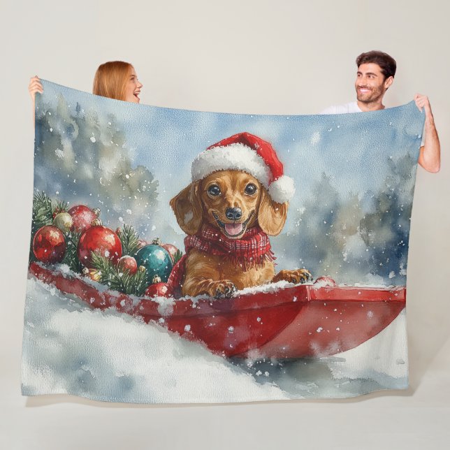 Dachshund Dog in Sledge Let it Snow Christmas Fleece Blanket (In Situ)