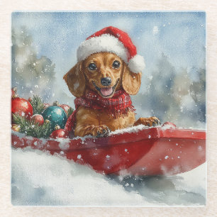 Dachshund Dog in Sledge Let it Snow Christmas Glass Coaster