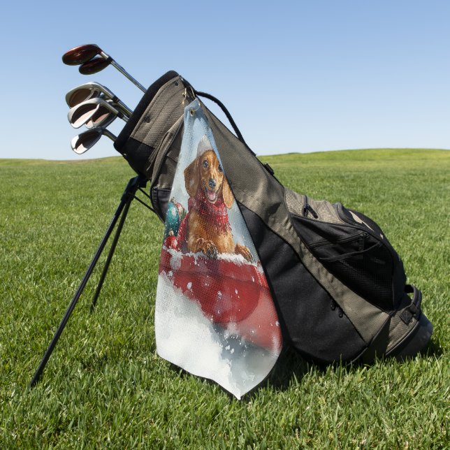 Dachshund Dog in Sledge Let it Snow Christmas Golf Towel (Green)