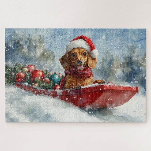 Dachshund Dog in Sledge Let it Snow Christmas Jigsaw Puzzle (Horizontal)