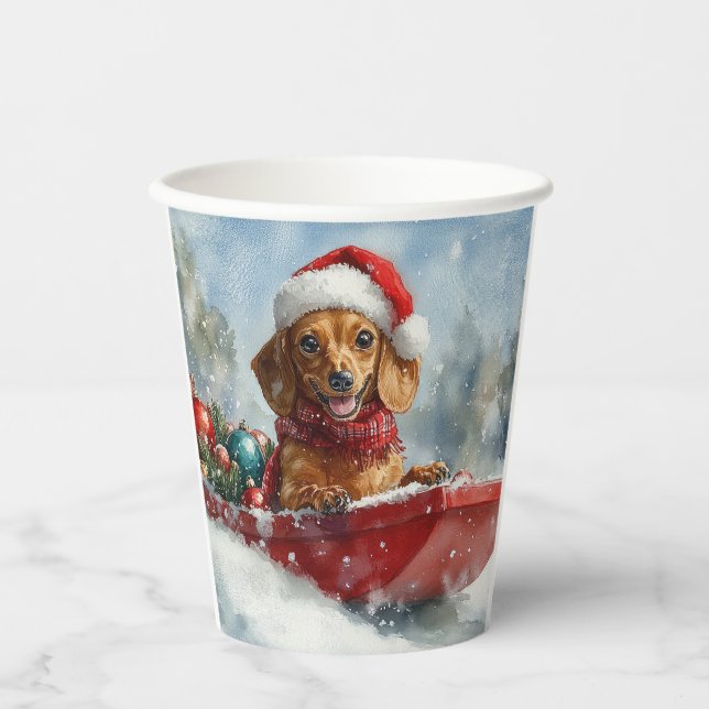 Dachshund Dog in Sledge Let it Snow Christmas Paper Cups (Front)