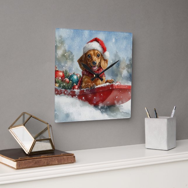 Dachshund Dog in Sledge Let it Snow Christmas Square Wall Clock (Office)