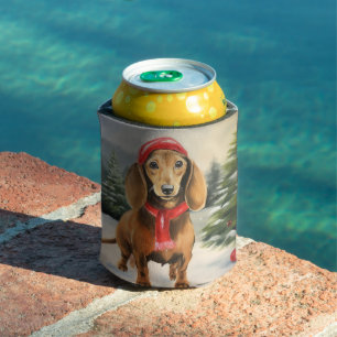 Dachshund Dog in Snow Christmas  Can Cooler
