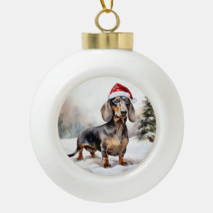 Dachshund Dog in Snow Christmas Ceramic Ball Christmas Ornament