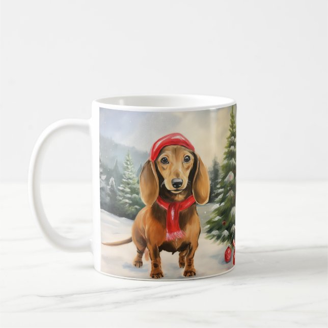 Dachshund Dog in Snow Christmas  Coffee Mug (Left)