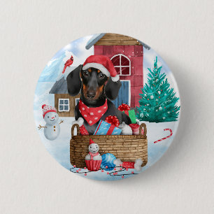 Dachshund Dog In snow Christmas Dog House  6 Cm Round Badge