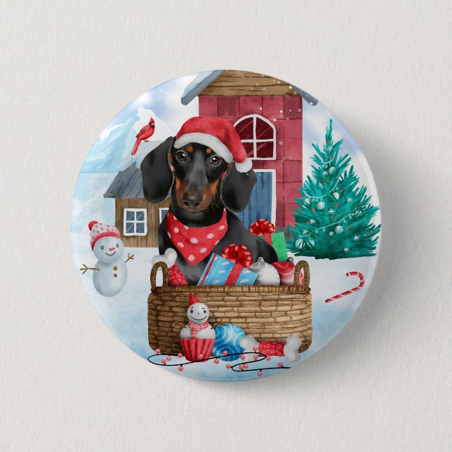 Dachshund Dog In snow Christmas Dog House  6 Cm Round Badge (Front)