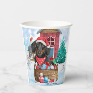 Dachshund Dog In snow Christmas Dog House Paper Cups