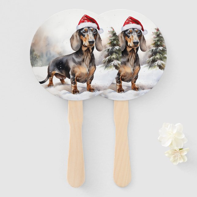 Dachshund Dog in Snow Christmas Hand Fan (Front and Back)
