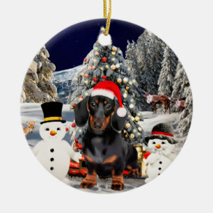 Dachshund Dog in Snow Christmas Hat Lights Ceramic Ornament