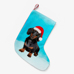 Dachshund Dog in Snow Christmas Hat Small Christmas Stocking