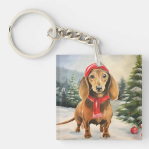 Dachshund Dog in Snow Christmas Key Ring