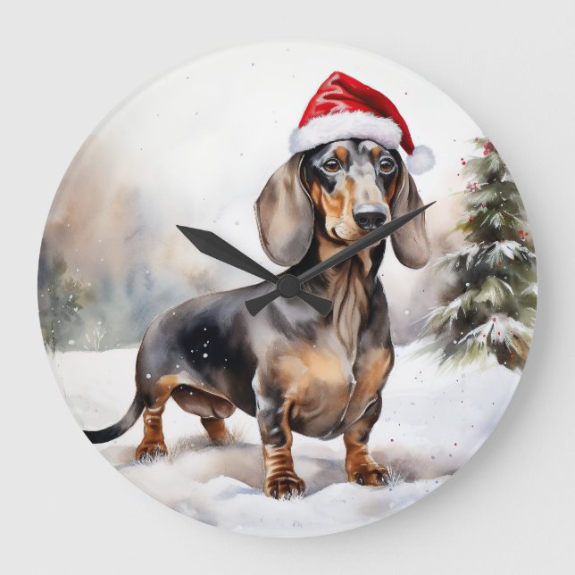 Dachshund Dog in Snow Christmas Large Clock (Front)